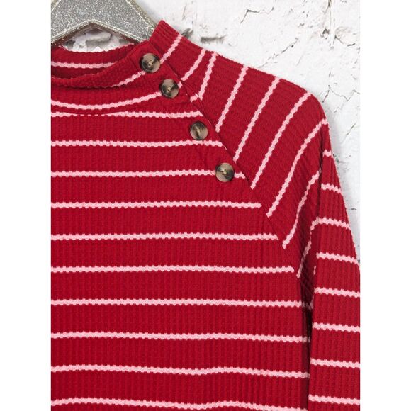 LOFT Striped Waffle-Knit Mock Neck Sweater Red White Transitional Size XL - Picture 3 of 8